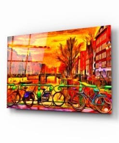 Fietsen en Stad Glasschilderij