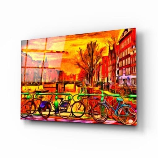 Fietsen en Stad Glasschilderij
