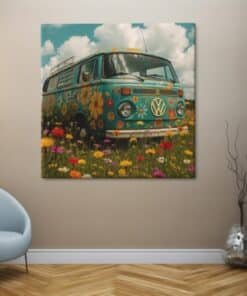 OEFE 1343 vierkant canvas schilderij hippie bus bloemenveld c