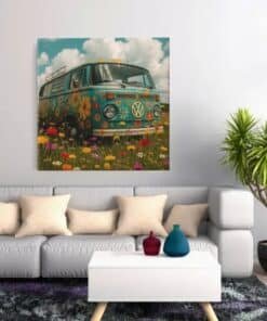 OEFE 1343 vierkant canvas schilderij hippie bus bloemenveld f
