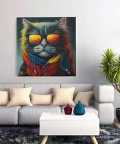 OEFE 1344 vierkant canvas schilderij coole kat met zonnebril f