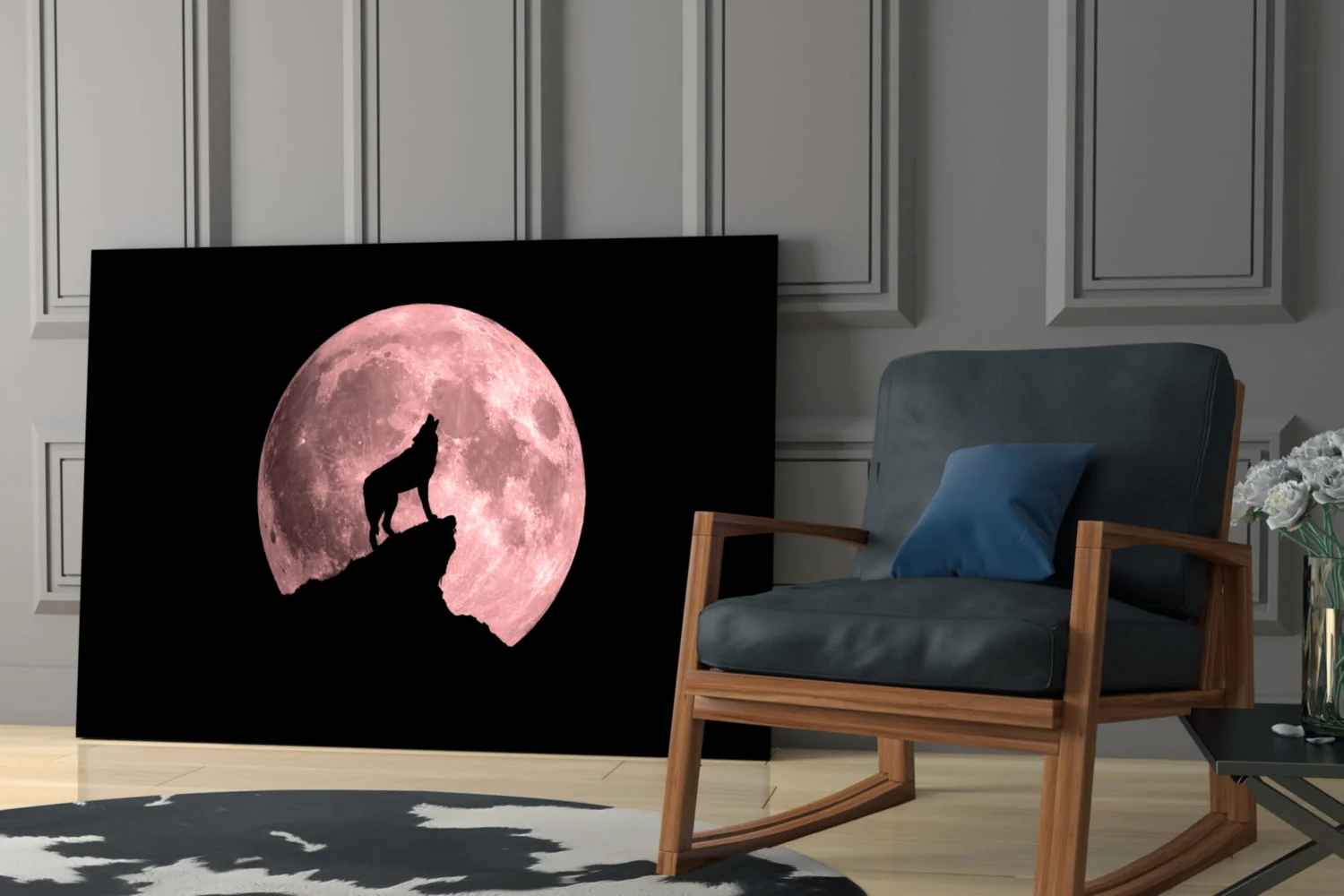 Wolf en Volle Maan Glasschilderij