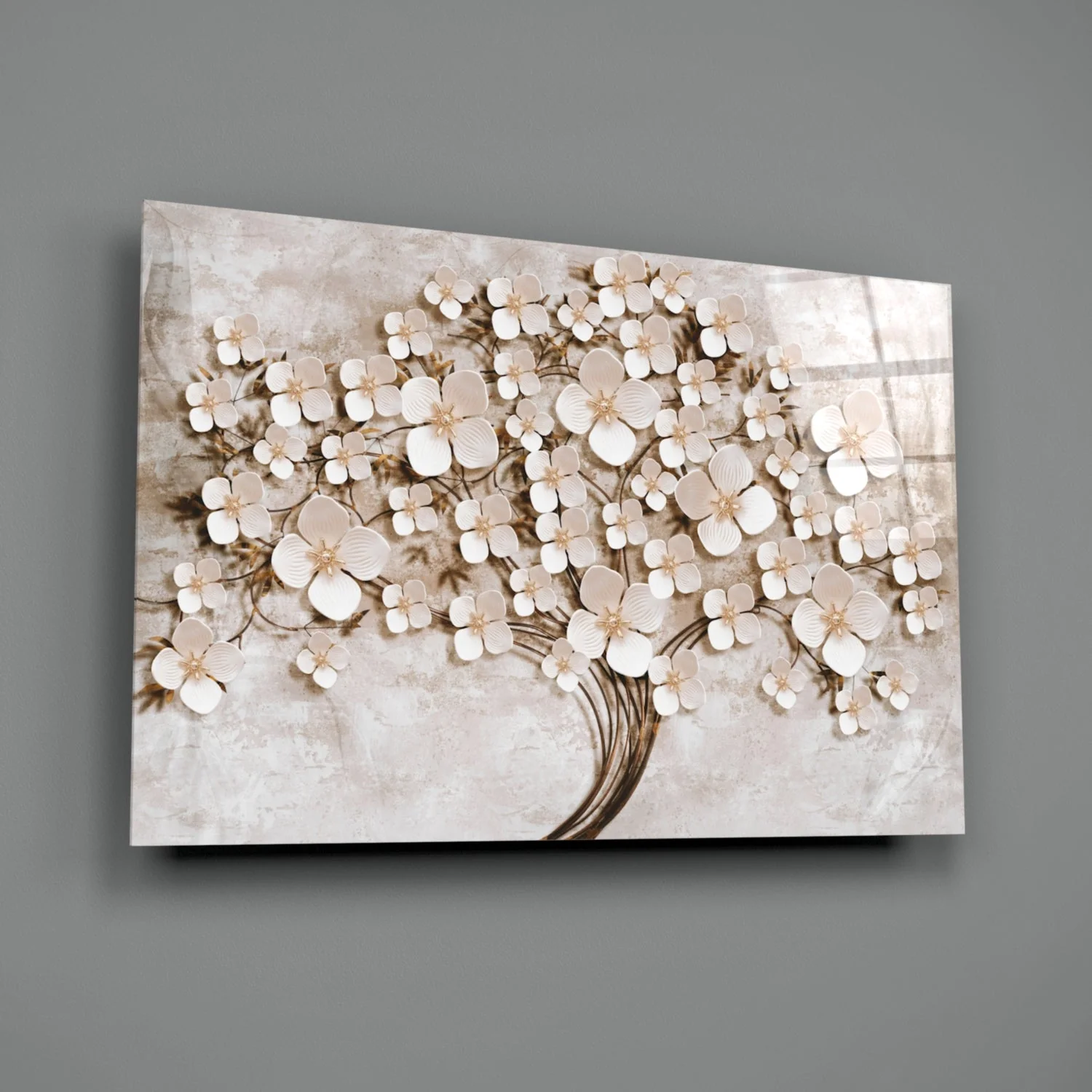 Luxe Glasschilderij 3D Effect Witte Bloemenboom - Afbeelding 3