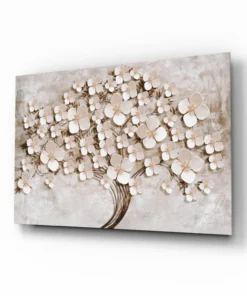 Luxe Glasschilderij  3D Effect Witte Bloemenboom