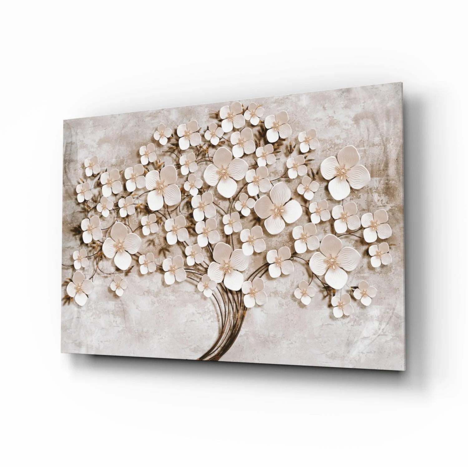 Luxe Glasschilderij 3D Effect Witte Bloemenboom