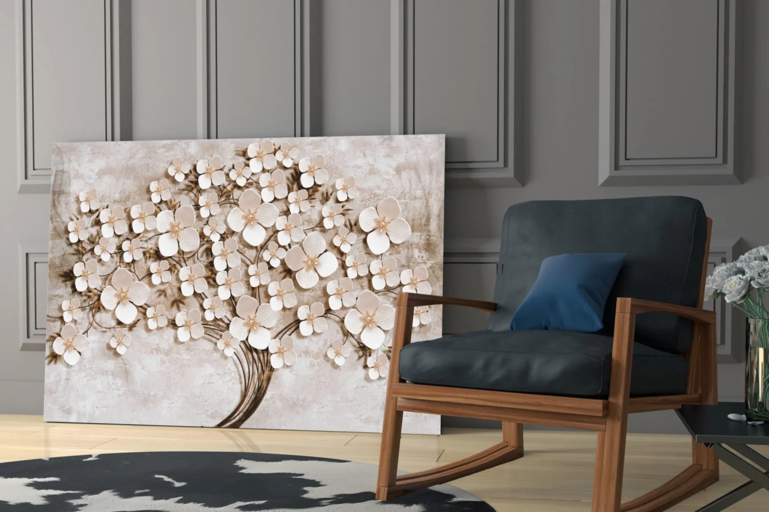 Luxe Glasschilderij 3D Effect Witte Bloemenboom