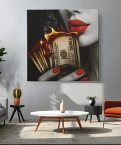 OEFE 1316 vierkant canvas schilderij brandend geld rode lippen c