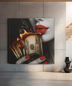vierkant-canvas-schilderij-brandend-geld-rode-lippen-e