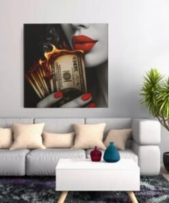 OEFE 1316 vierkant canvas schilderij brandend geld rode lippen f