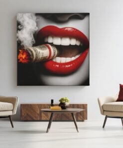 OEFE 1317 vierkant canvas schilderij rode lippen brandend geld e