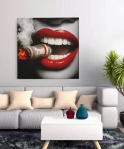 OEFE 1317 vierkant canvas schilderij rode lippen brandend geld f