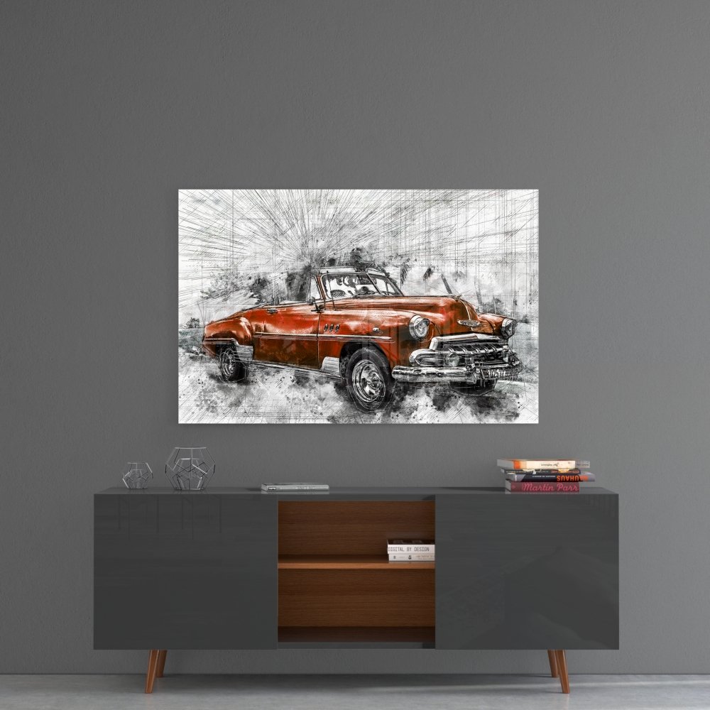 Rode Chevrolet Glasschilderij