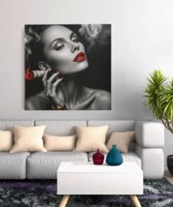 vierkant canvas schilderij rokerige vrouw met rode lippen c