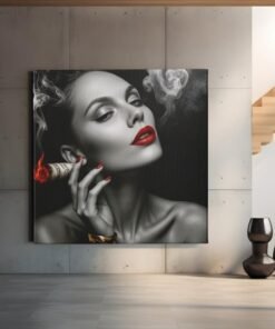 vierkant-canvas-schilderij -rokerige-vrouw-met-rode-lippen-d