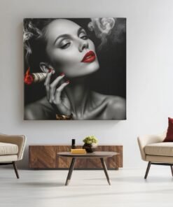 vierkant canvas schilderij rokerige vrouw met rode lippen e