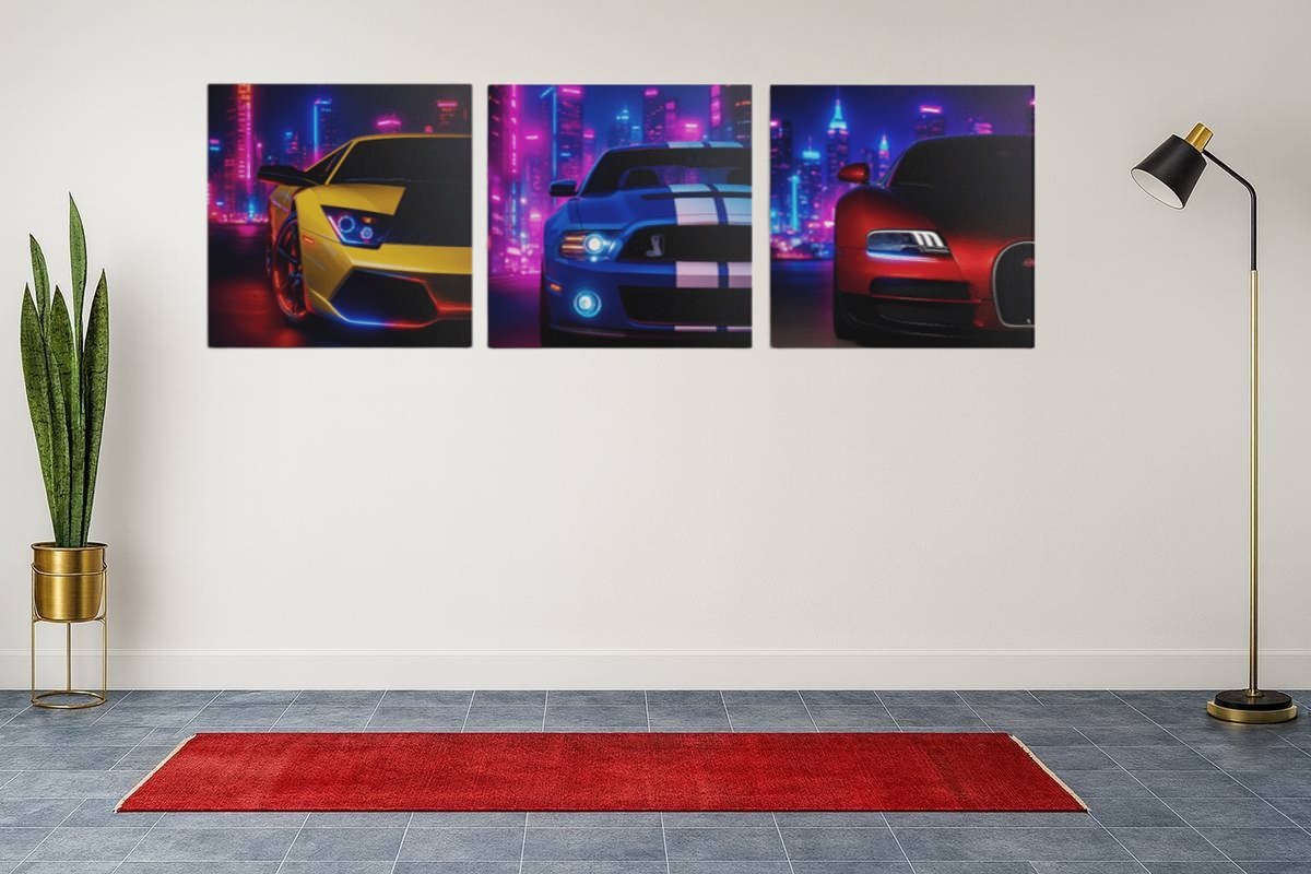 Drieluik Schilderij Neon Sportauto's