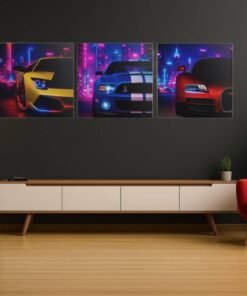 Drieluik Schilderij Neon Sportauto's - Afbeelding 4