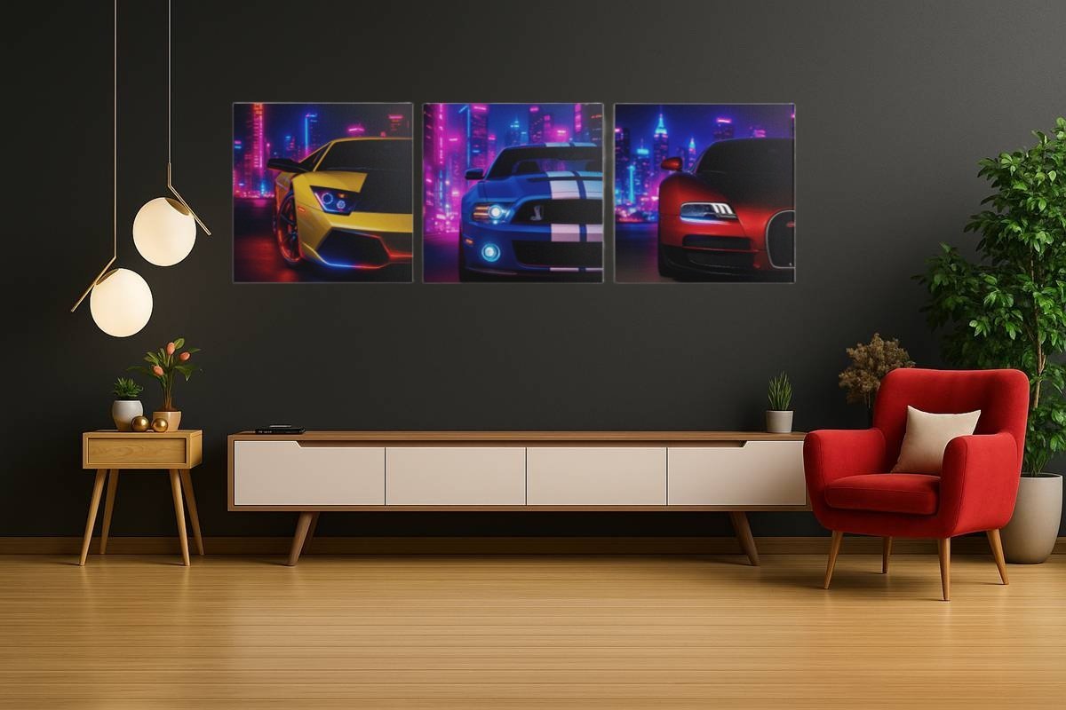 Drieluik Schilderij Neon Sportauto's - Afbeelding 4