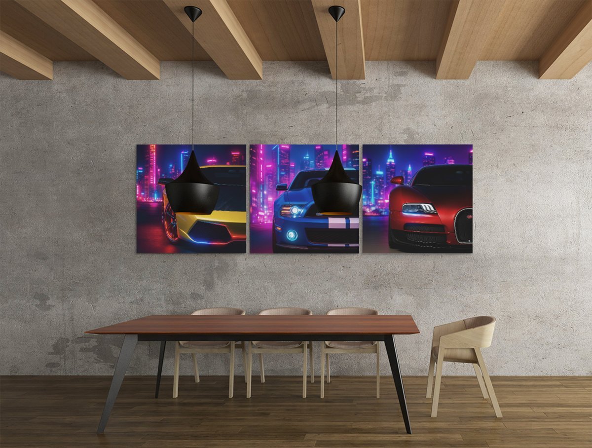 Drieluik Schilderij Neon Sportauto's - Afbeelding 3