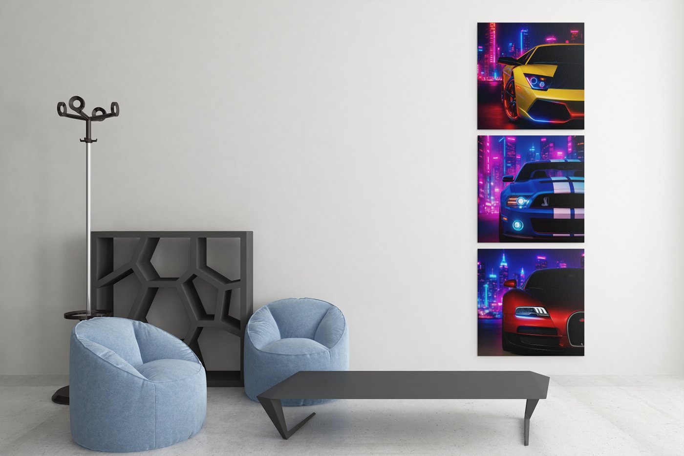 Drieluik Schilderij Neon Sportauto's - Afbeelding 2