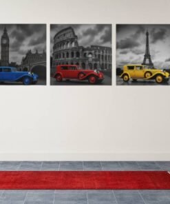 drieluik-schilderij-retro-auto-london-rome-paris-