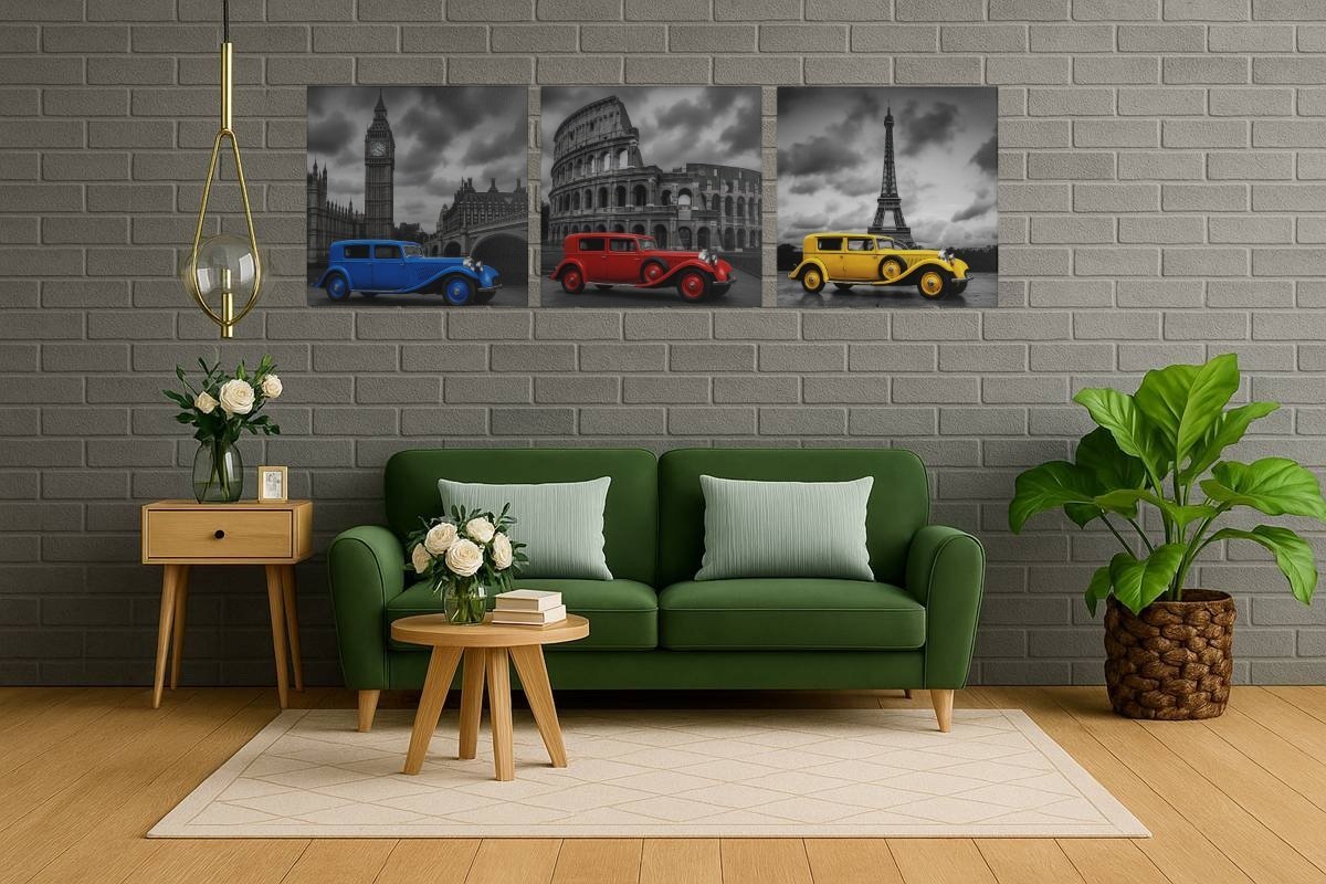 drieluik-schilderij-retro-auto-london-rome-paris-