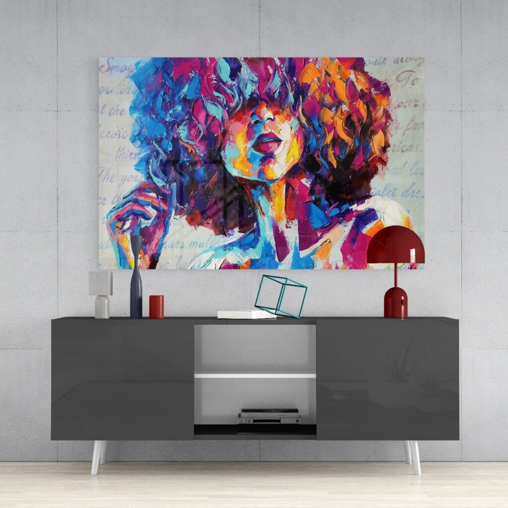 Glasschilderij Vrouw met kleurrijk haar