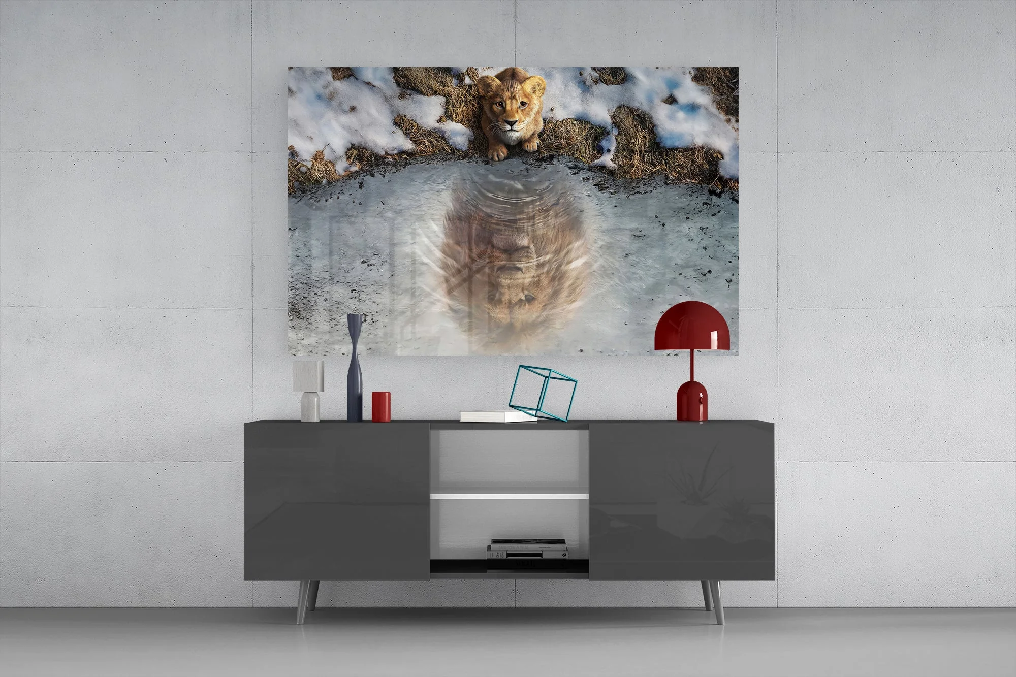 Glasschilderij Leeuwenwelp met Reflectie - Afbeelding 6