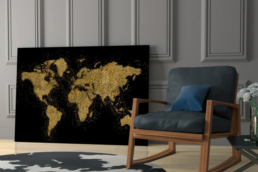 Wereldkaart Goud Glasschilderij