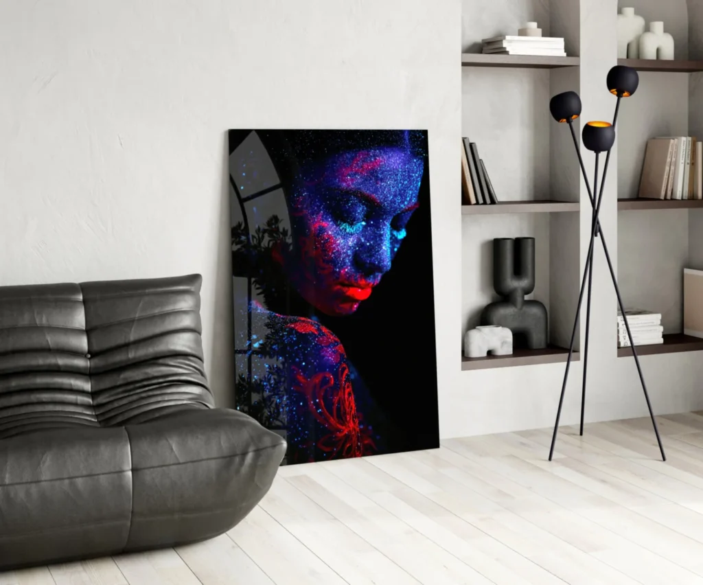Kleurrijke vrouw portret Glasschilderij