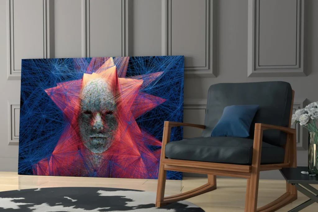 Glasschilderij Ego Blauw Grijs Oranje
