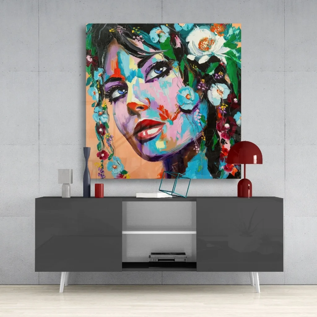 Vrouw Met Bloemen Glasschilderij