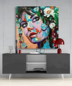 Vrouw Met Bloemen Glasschilderij