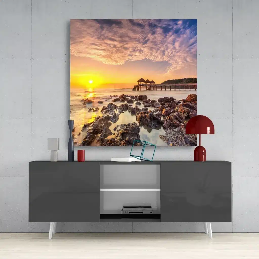 Zonsopkomst en de Zee Glasschilderij