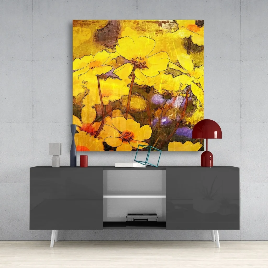 Gele Bloemen Glasschilderij