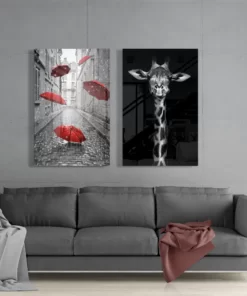 Giraffe en paraplu's Glasschilderij