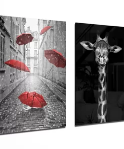 Giraffe en paraplu's Glasschilderij