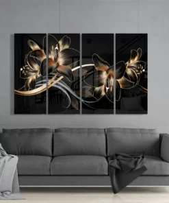 Bloem Goud en Zwart Glasschilderij