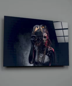 Achter het masker-Glasschilderij