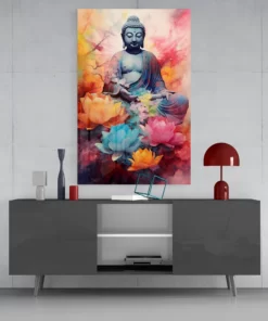 Boeddha met bloemen Glasschilderij