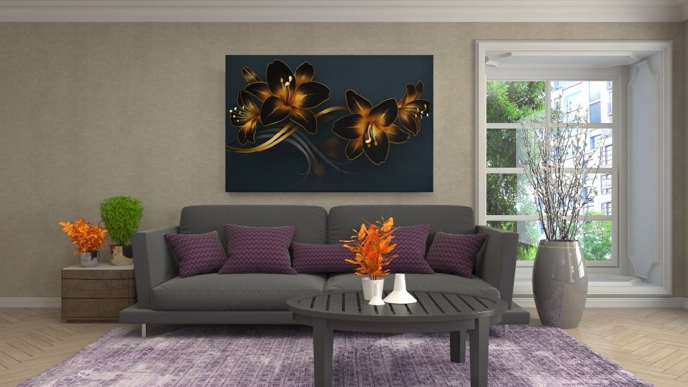 Gouden Bloemen Canvas Schilderij - Afbeelding 3