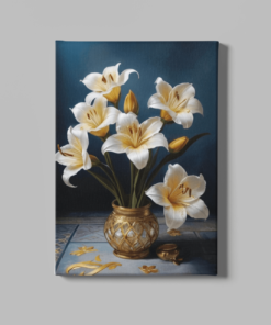Bloemen in gouden vaas Canvas Schilderij