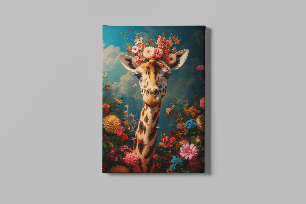 Giraffe Met Bloemen Canvas Schilderij
