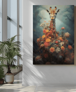 Giraffe Met Bloemen Canvas Schilderij - Afbeelding 3