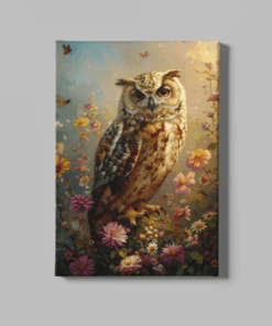 Uil met Bloemen Canvas Schilderij
