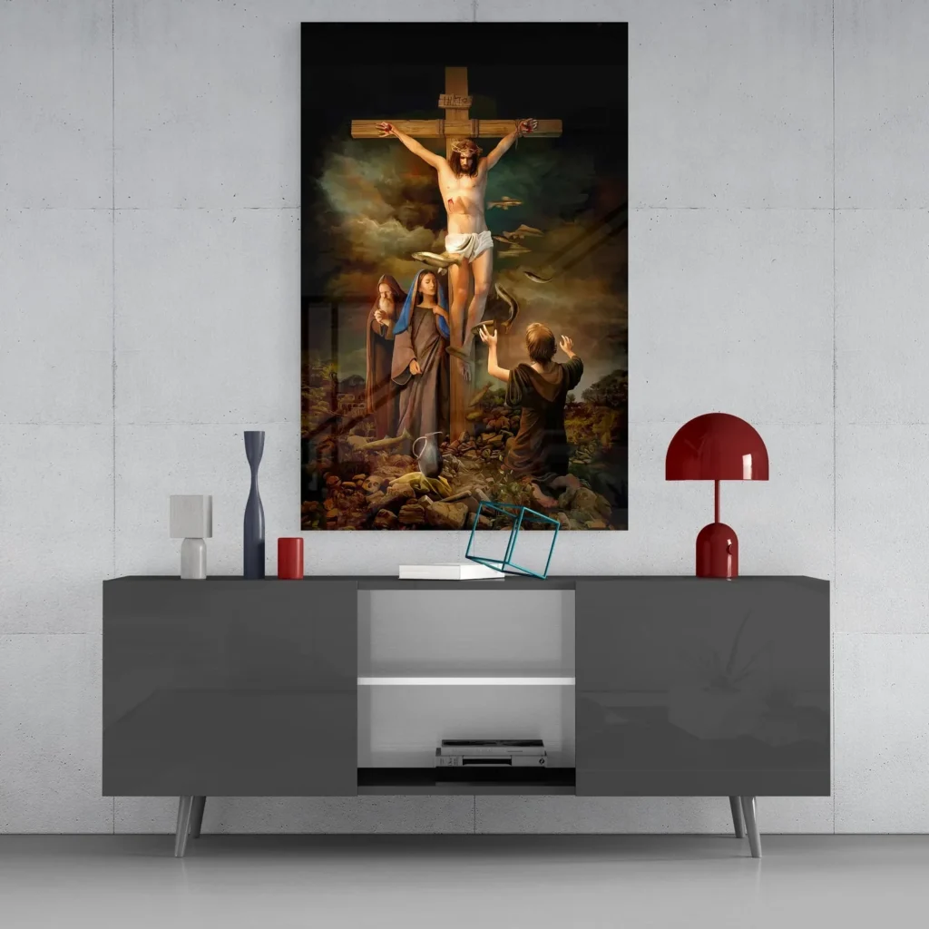 jezus aan het kruis glasschilderij