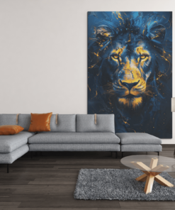 Leeuw Portret Blauw Canvas Schilderij - Afbeelding 4