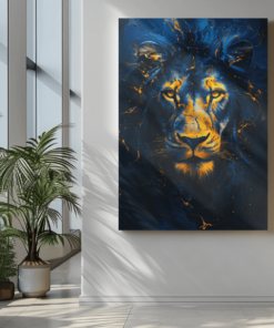 Leeuw Portret Blauw Canvas Schilderij - Afbeelding 3