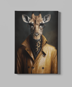 Giraffe met Leren Jas Canvas Schilderij