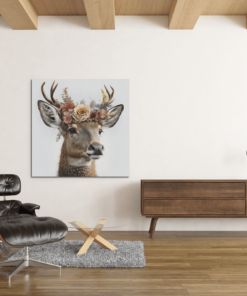 Hert met Bloemen Canvas Schilderij - Afbeelding 4
